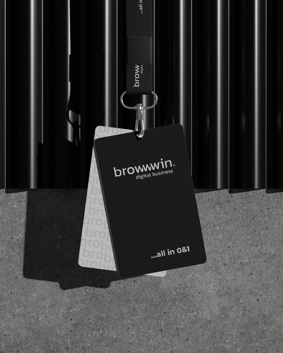 Imagen corporativa de Browwwin: logotipo aplicado en lanyard, branding