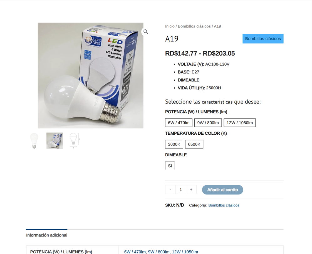 interfaz visual para el producto en la web lightnest